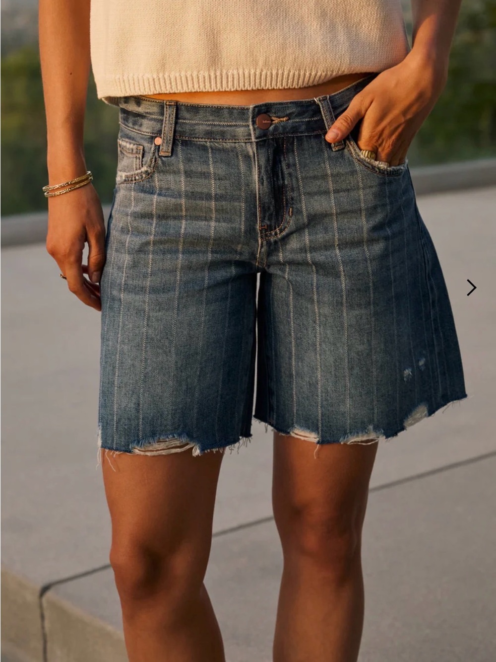 bohme Blue Distressed Striped Denim Shorts NWOT